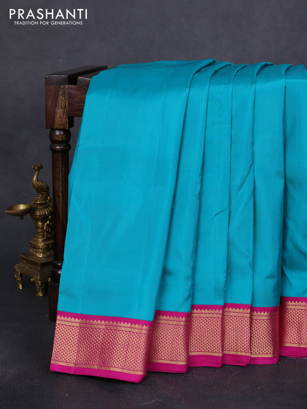 10 Yards pure kanchipuram silk saree teal blue and magenta pink with plain body and zari woven korvai border