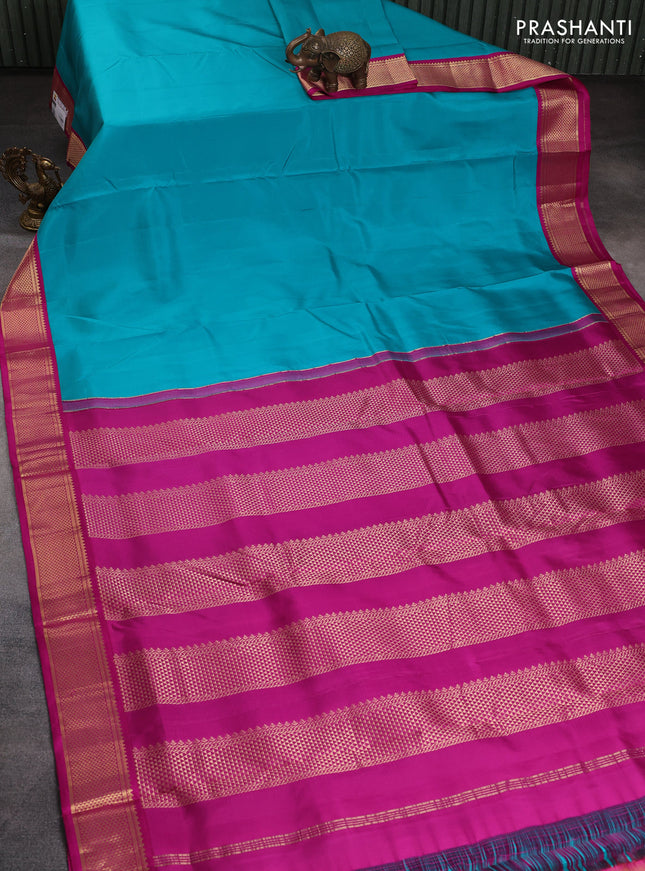 10 Yards pure kanchipuram silk saree teal blue and magenta pink with plain body and zari woven korvai border