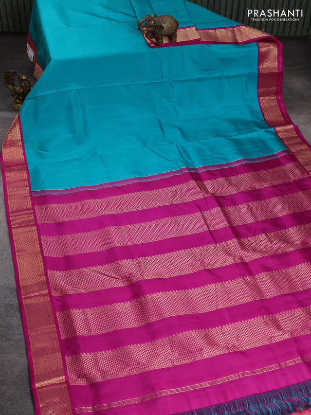 10 Yards pure kanchipuram silk saree teal blue and magenta pink with plain body and zari woven korvai border