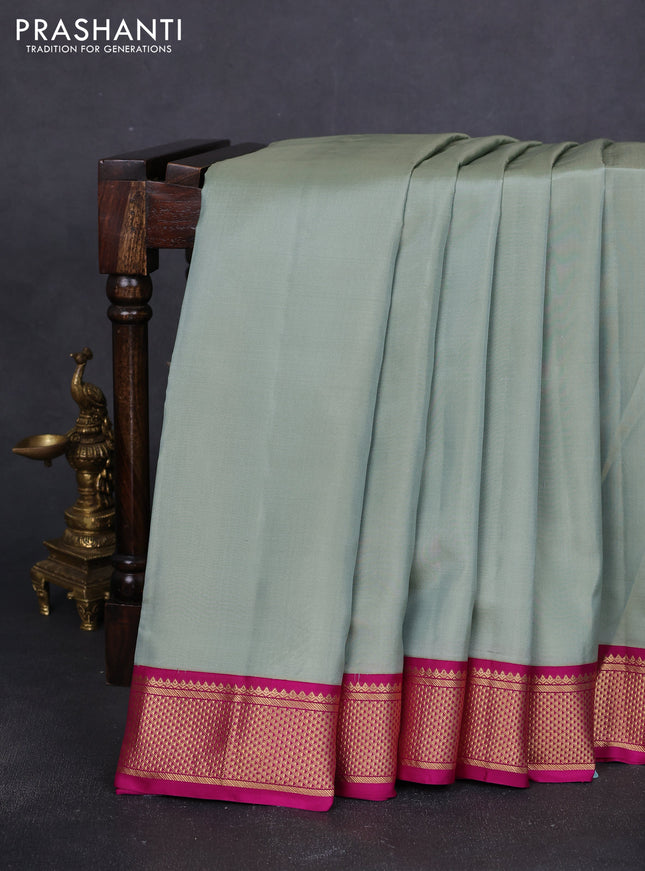 10 Yards pure kanchipuram silk saree pastel green and magenta pink with plain body and zari woven korvai border