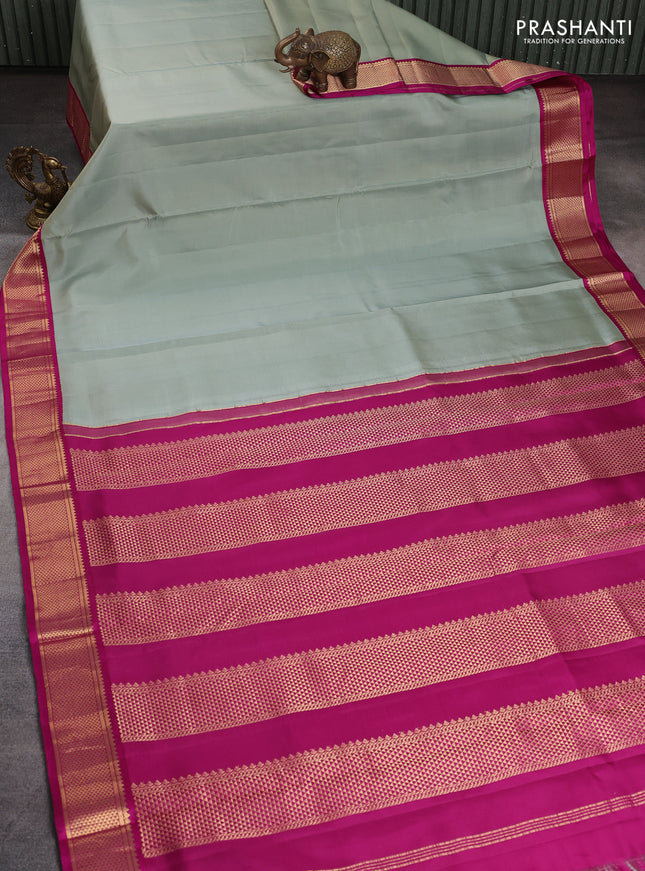10 Yards pure kanchipuram silk saree pastel green and magenta pink with plain body and zari woven korvai border