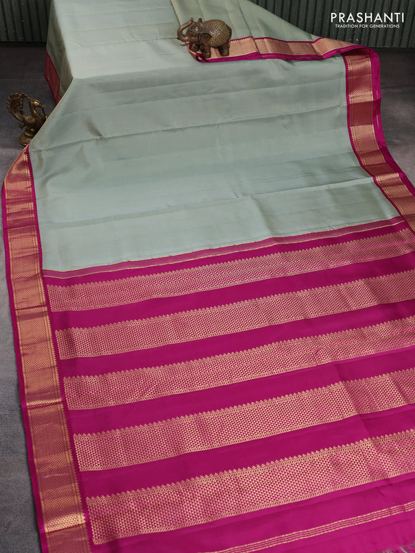 10 Yards pure kanchipuram silk saree pastel green and magenta pink with plain body and zari woven korvai border