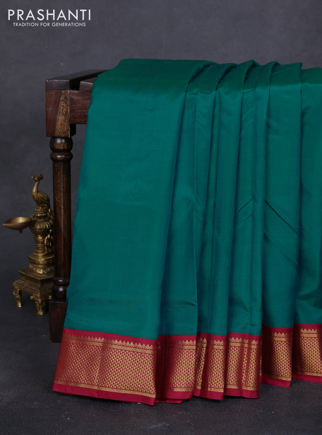 10 Yards pure kanchipuram silk saree teal green and maroon with plain body and zari woven korvai border