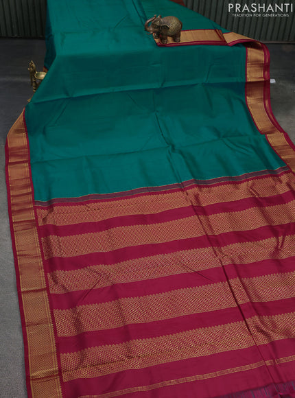 10 Yards pure kanchipuram silk saree teal green and maroon with plain body and zari woven korvai border
