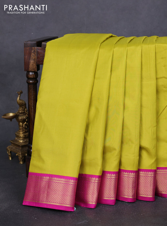 10 Yards pure kanchipuram silk saree lime yellow and pink with plain body and zari woven korvai border