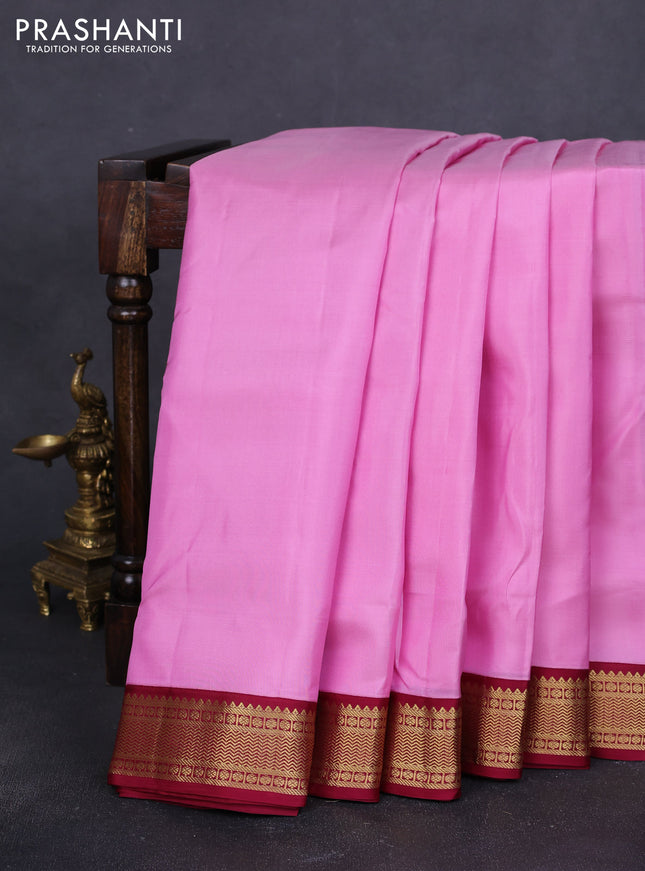 10 Yards pure kanchipuram silk saree light pink and maroon with plain body and zari woven korvai border