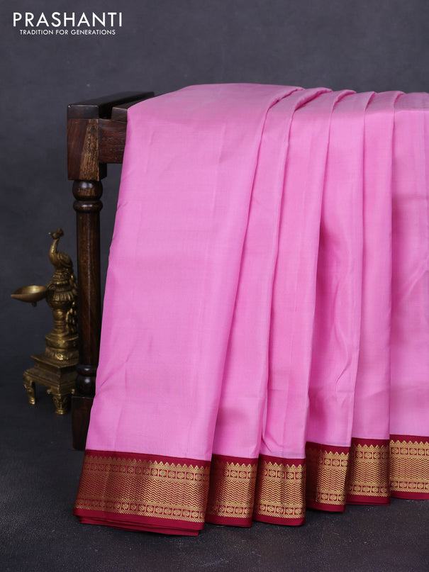 10 Yards pure kanchipuram silk saree light pink and maroon with plain body and zari woven korvai border