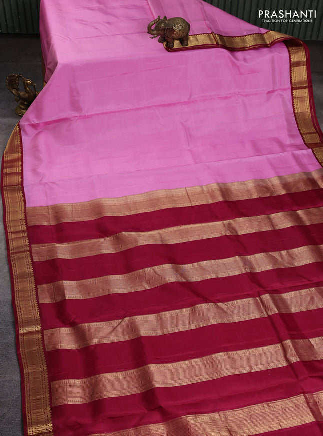 10 Yards pure kanchipuram silk saree light pink and maroon with plain body and zari woven korvai border