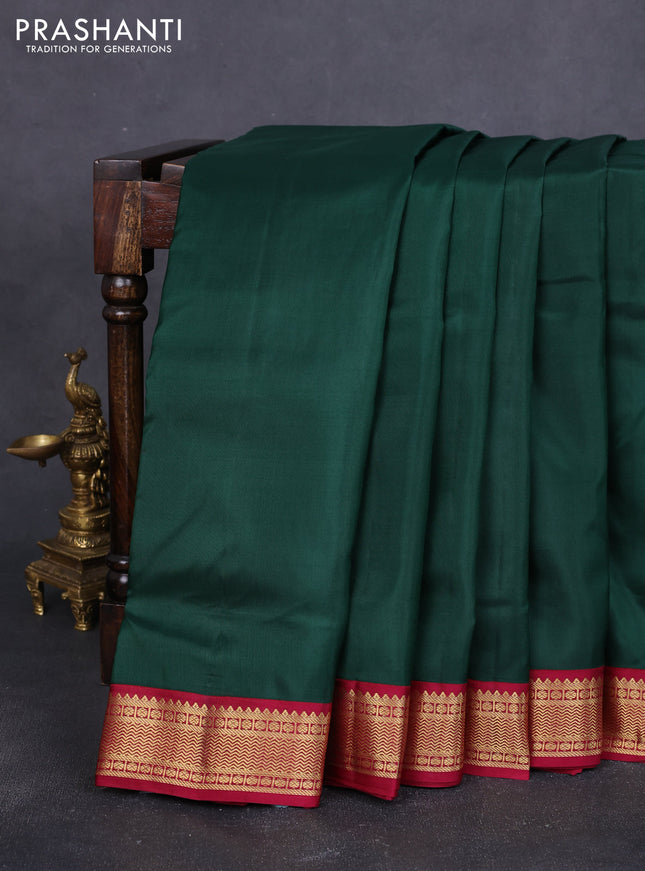 10 Yards pure kanchipuram silk saree bottle green and maroon with plain body and zari woven korvai border