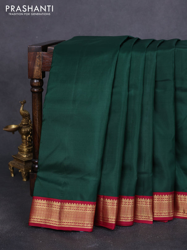 10 Yards pure kanchipuram silk saree bottle green and maroon with plain body and zari woven korvai border