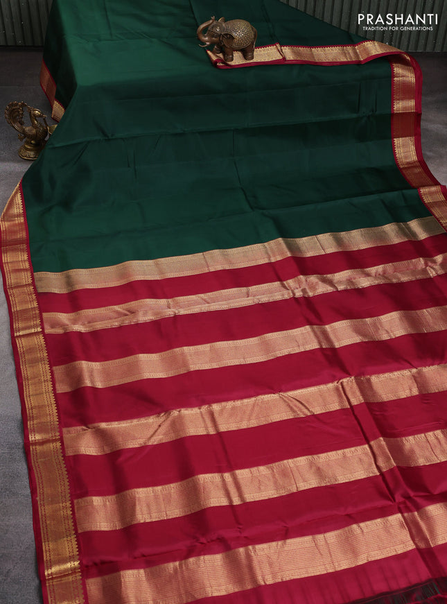 10 Yards pure kanchipuram silk saree bottle green and maroon with plain body and zari woven korvai border