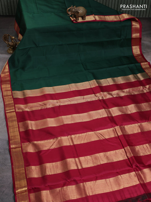 10 Yards pure kanchipuram silk saree bottle green and maroon with plain body and zari woven korvai border