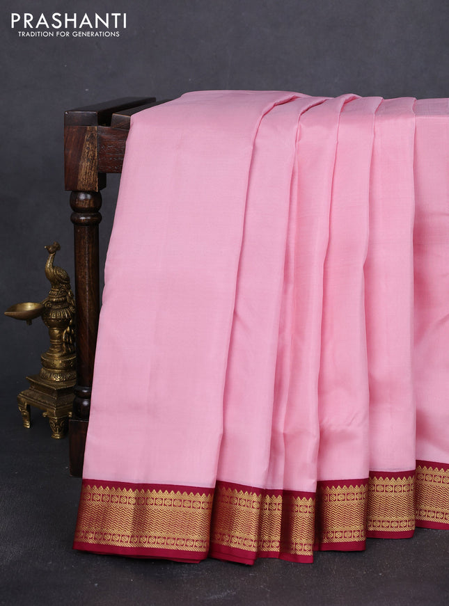 10 Yards pure kanchipuram silk saree light pink and maroon with plain body and zari woven korvai border