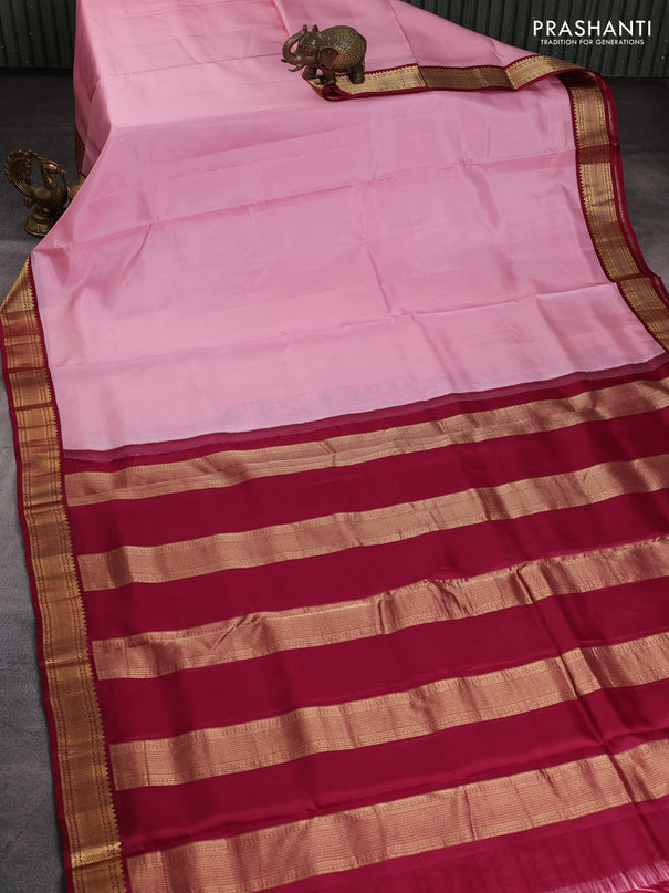 10 Yards pure kanchipuram silk saree light pink and maroon with plain body and zari woven korvai border