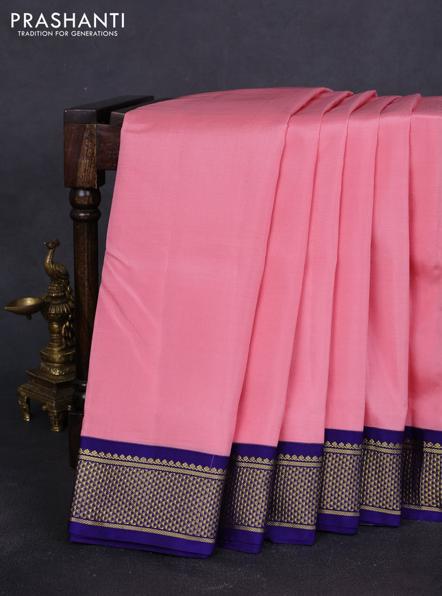 10 Yards pure kanchipuram silk saree mild peach pink and blue with plain body and zari woven korvai border