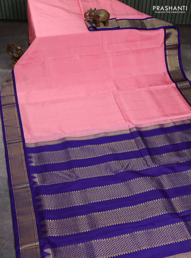 10 Yards pure kanchipuram silk saree mild peach pink and blue with plain body and zari woven korvai border
