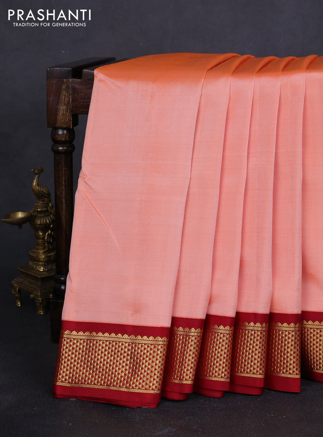 10 Yards pure kanchipuram silk saree pale orange and maroon with plain body and ganga jamuna border