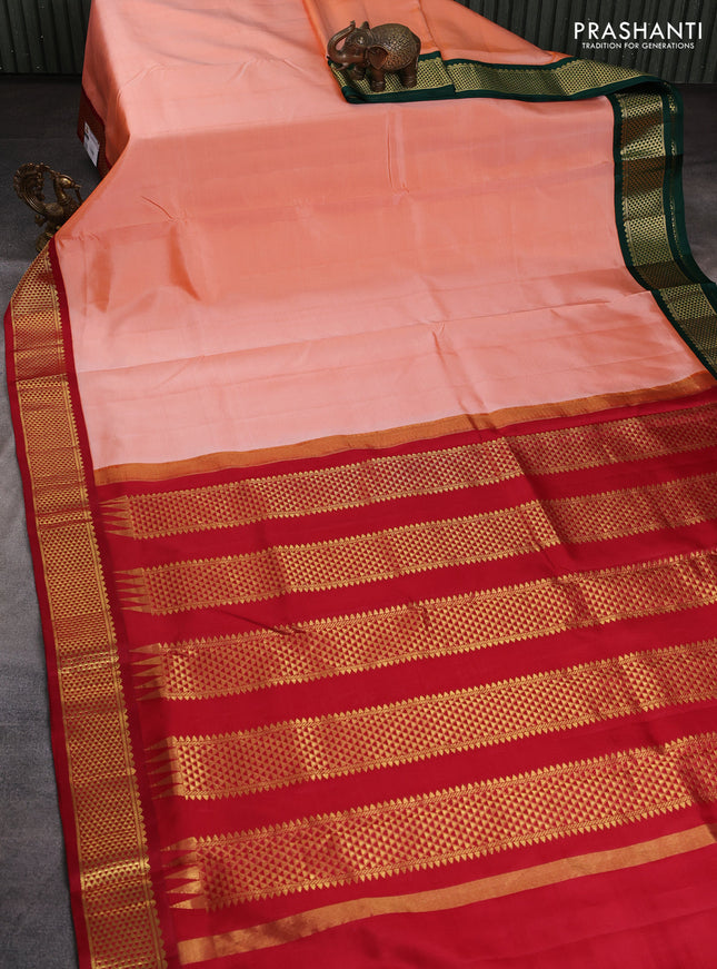 10 Yards pure kanchipuram silk saree pale orange and maroon with plain body and ganga jamuna border