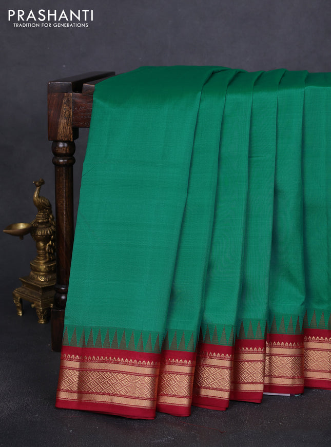 10 Yards pure kanchipuram silk saree teal green and maroon with plain body and temple design zari woven korvai border