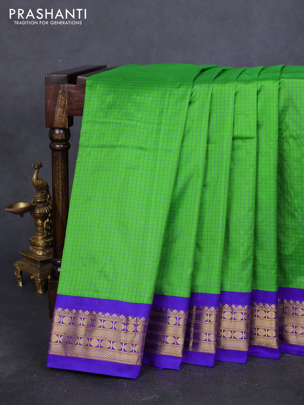 10 Yards pure kanchipuram silk saree green and blue with allover small checked pattern and zari woven korvai border