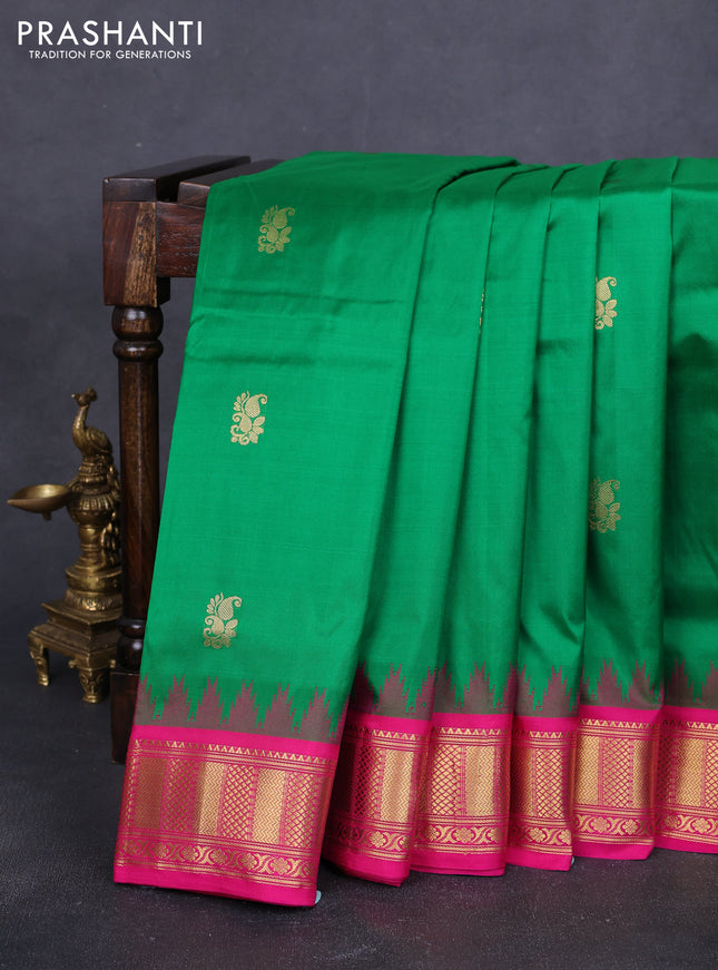 10 Yards pure kanchipuram silk saree green and pink with paisley zari woven buttas and temple design zari woven border