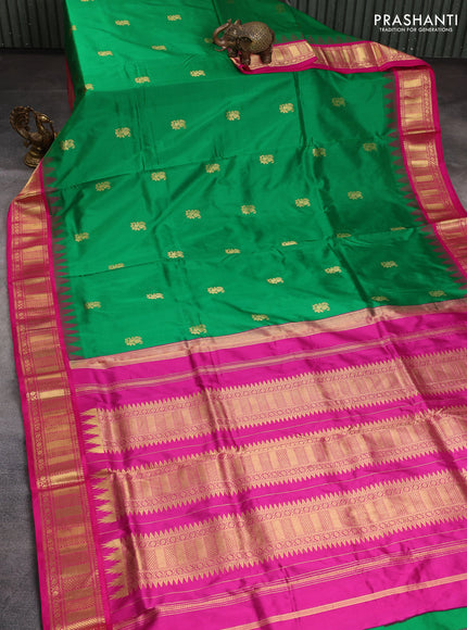 10 Yards pure kanchipuram silk saree green and pink with paisley zari woven buttas and temple design zari woven border