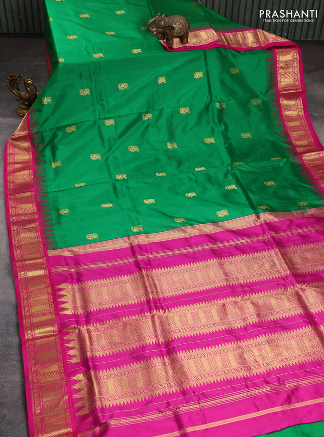 10 Yards pure kanchipuram silk saree green and pink with paisley zari woven buttas and temple design zari woven border