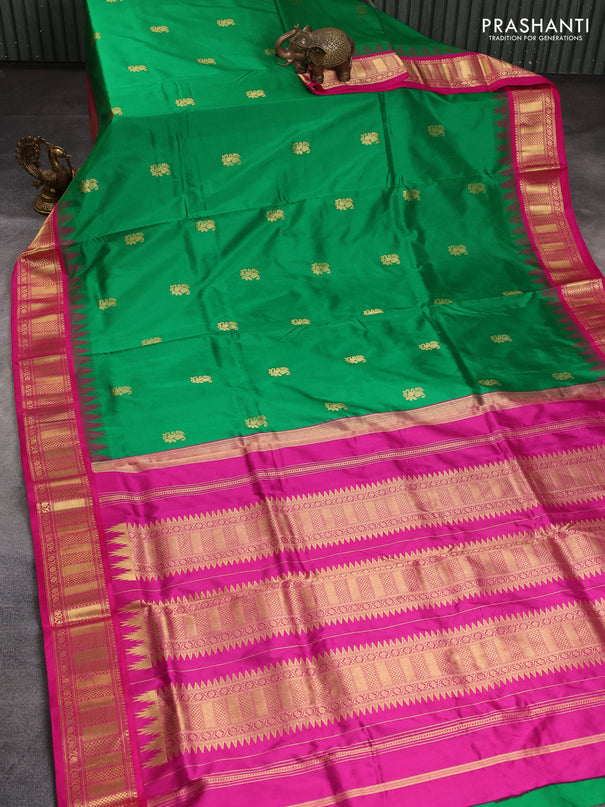 10 Yards pure kanchipuram silk saree green and pink with paisley zari woven buttas and temple design zari woven border