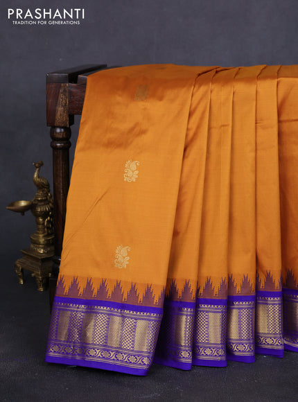 10 Yards pure kanchipuram silk saree dark mustard and blue with paisley zari woven buttas and temple design zari woven border