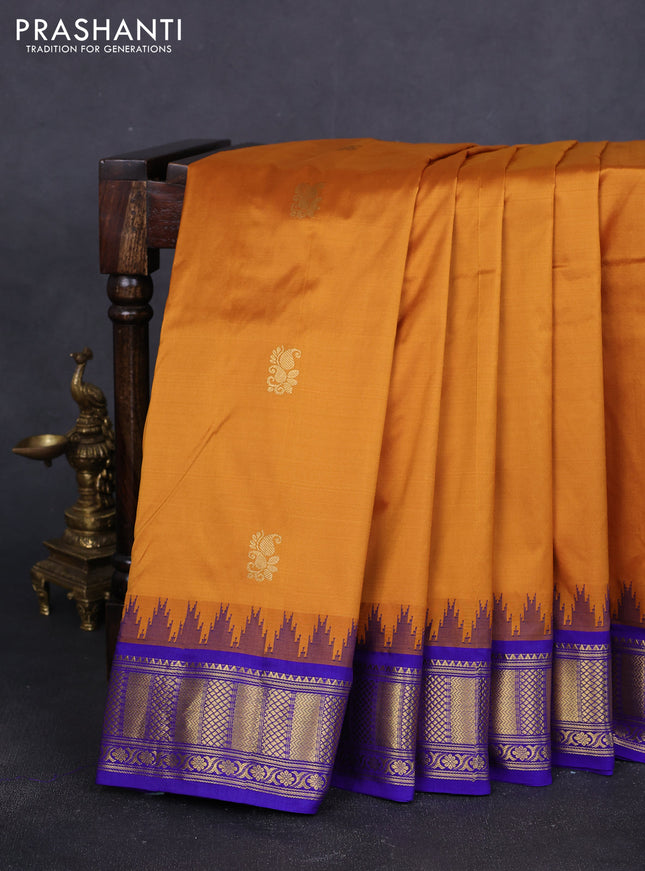 10 Yards pure kanchipuram silk saree dark mustard and blue with paisley zari woven buttas and temple design zari woven border
