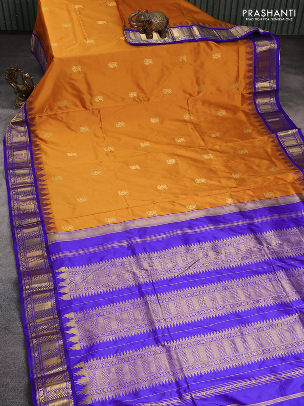 10 Yards pure kanchipuram silk saree dark mustard and blue with paisley zari woven buttas and temple design zari woven border