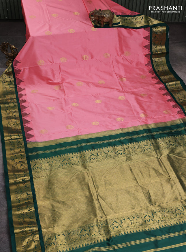 10 Yards pure kanchipuram silk saree peach pink and bottle green with zari woven buttas and temple design zari woven border