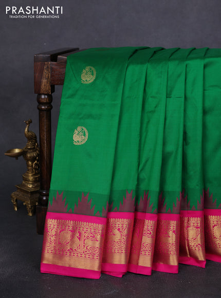 10 Yards pure kanchipuram silk saree green and pink with zari woven buttas and temple design zari woven border