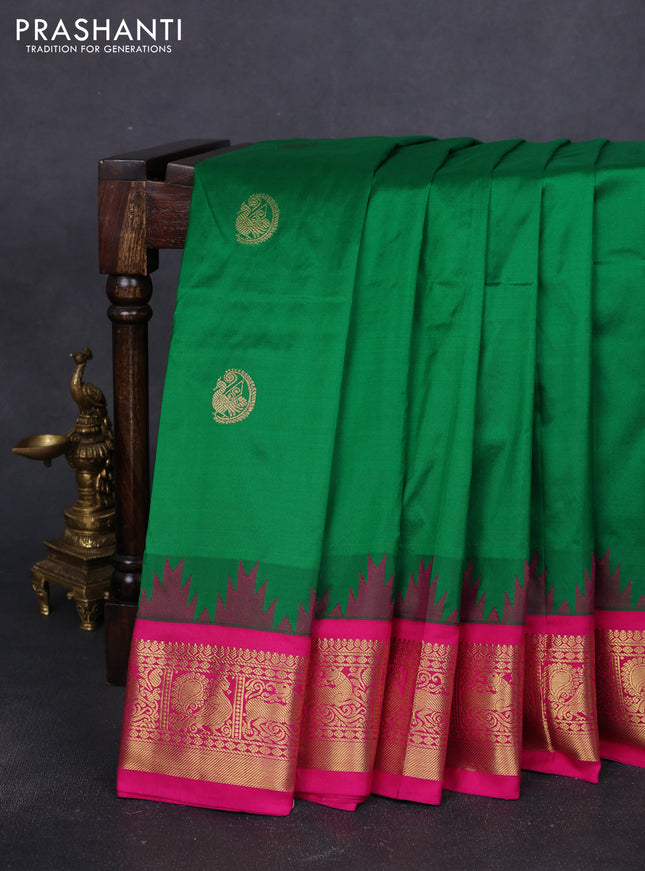 10 Yards pure kanchipuram silk saree green and pink with zari woven buttas and temple design zari woven border