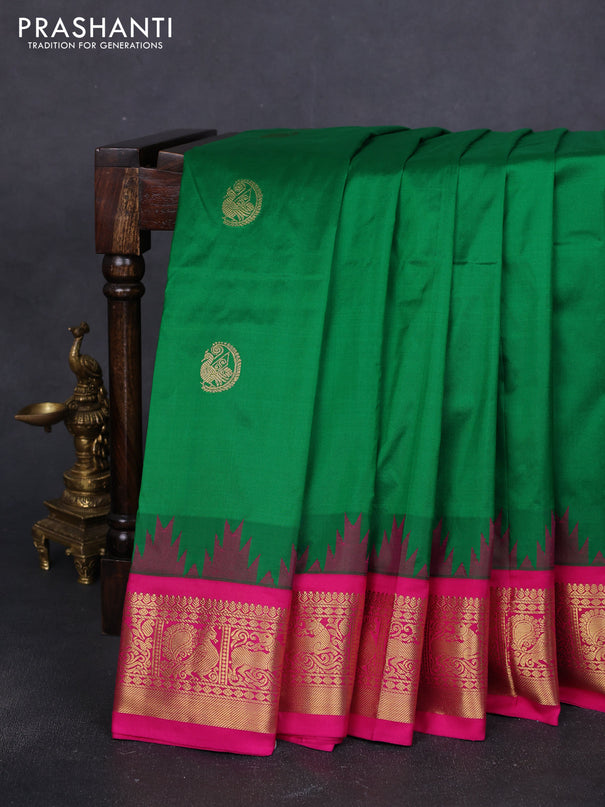 10 Yards pure kanchipuram silk saree green and pink with zari woven buttas and temple design zari woven border
