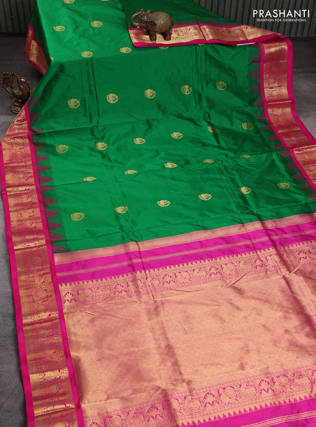 10 Yards pure kanchipuram silk saree green and pink with zari woven buttas and temple design zari woven border