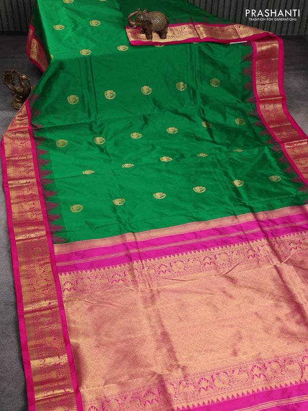 10 Yards pure kanchipuram silk saree green and pink with zari woven buttas and temple design zari woven border