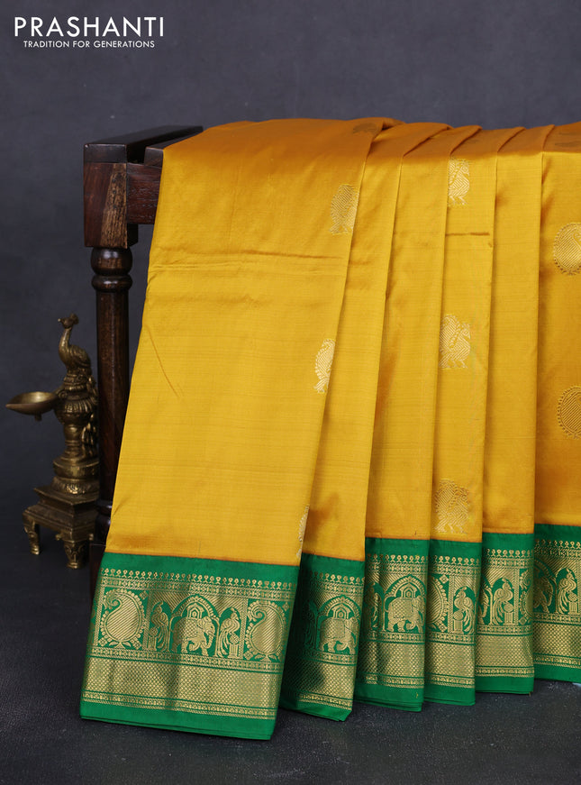 10 Yards pure kanchipuram silk saree mustard yellow and green with annam & paisley zari woven buttas and rich zari woven korvai border