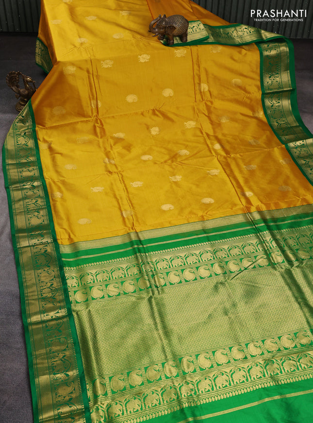 10 Yards pure kanchipuram silk saree mustard yellow and green with annam & paisley zari woven buttas and rich zari woven korvai border