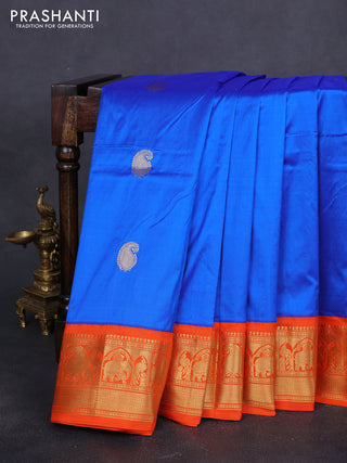 10 Yards pure kanchipuram silk saree blue and orange with annam & paisley zari woven buttas and rich zari woven korvai border