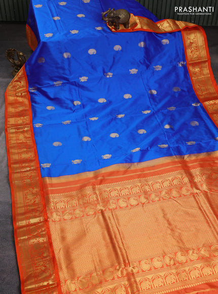 10 Yards pure kanchipuram silk saree blue and orange with annam & paisley zari woven buttas and rich zari woven korvai border