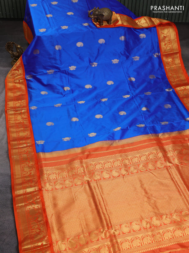 10 Yards pure kanchipuram silk saree blue and orange with annam & paisley zari woven buttas and rich zari woven korvai border