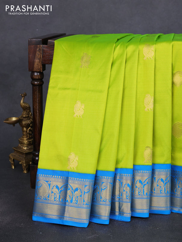 10 Yards pure kanchipuram silk saree light green and cs blue with annam & paisley zari woven buttas and rich zari woven korvai border