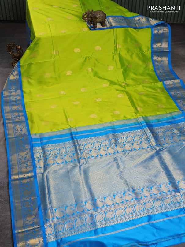 10 Yards pure kanchipuram silk saree light green and cs blue with annam & paisley zari woven buttas and rich zari woven korvai border