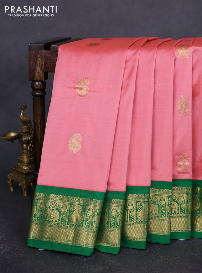 10 Yards pure kanchipuram silk saree peach shade and green with annam & paisley zari woven buttas and rich zari woven korvai border