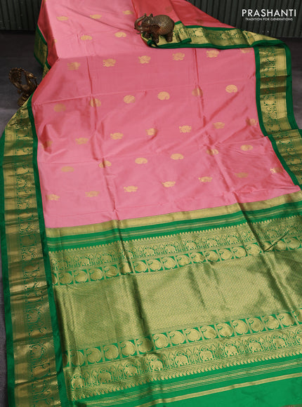 10 Yards pure kanchipuram silk saree peach shade and green with annam & paisley zari woven buttas and rich zari woven korvai border