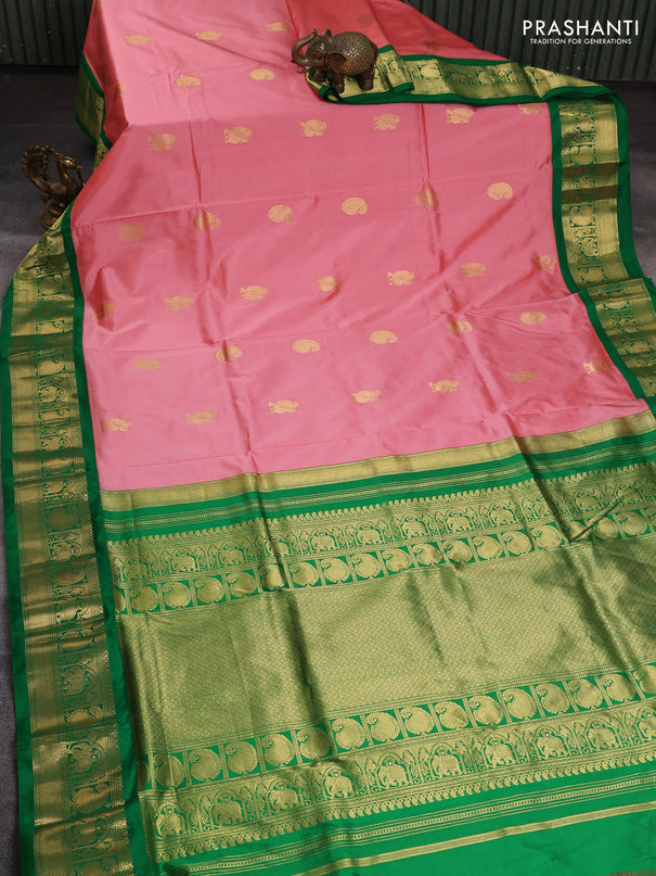 10 Yards pure kanchipuram silk saree peach shade and green with annam & paisley zari woven buttas and rich zari woven korvai border