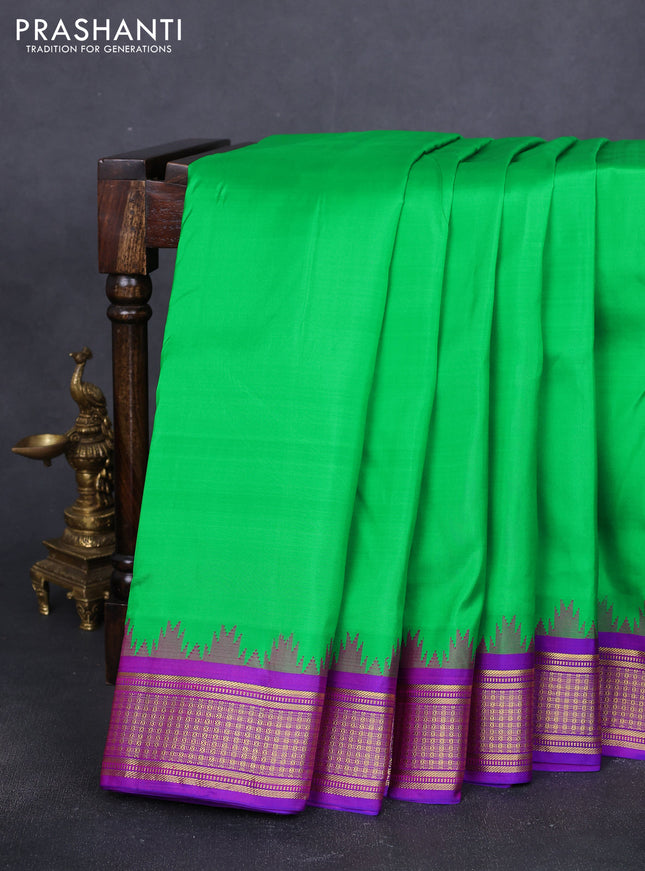 10 Yards pure kanchipuram silk saree green and purple with plain body and temple design zari woven korvai border