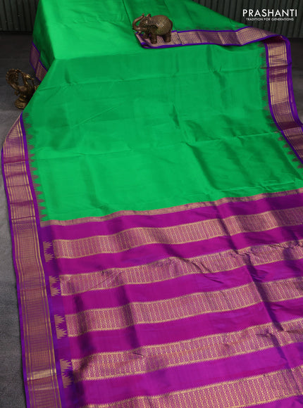 10 Yards pure kanchipuram silk saree green and purple with plain body and temple design zari woven korvai border