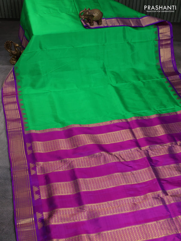 10 Yards pure kanchipuram silk saree green and purple with plain body and temple design zari woven korvai border